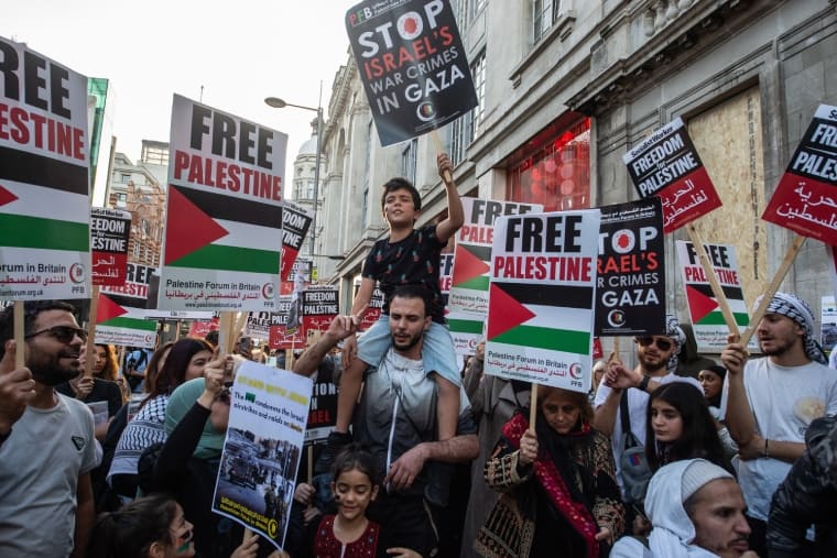 A crowd shot of the Palestine demo in London last weekend, a man holds a placard that reads Stop Israeli war crimes in Gaza, illustrating an article about health workers joining the Palestine march
