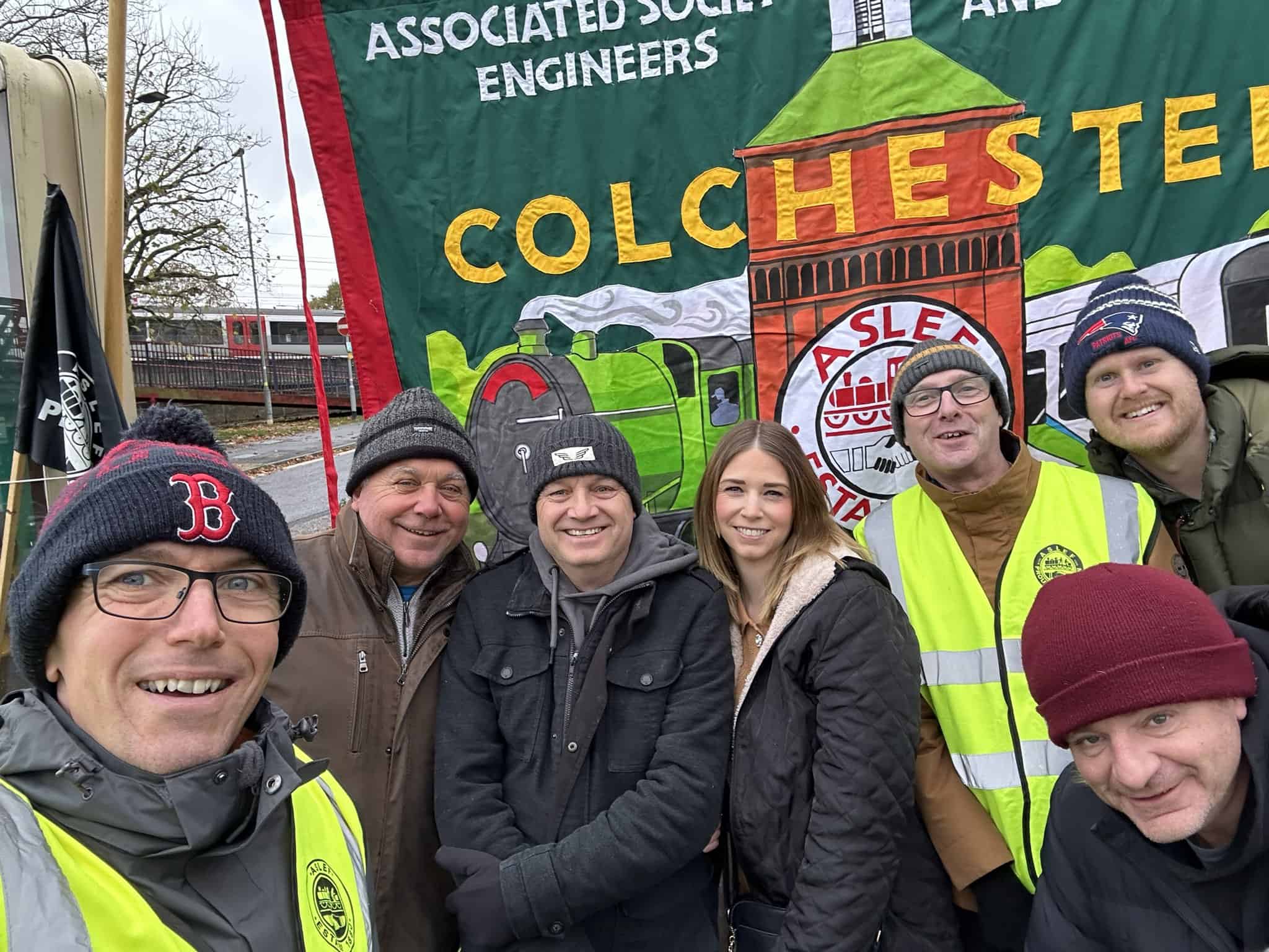 Selfie pic of Colchester Aslef train drivers picket line