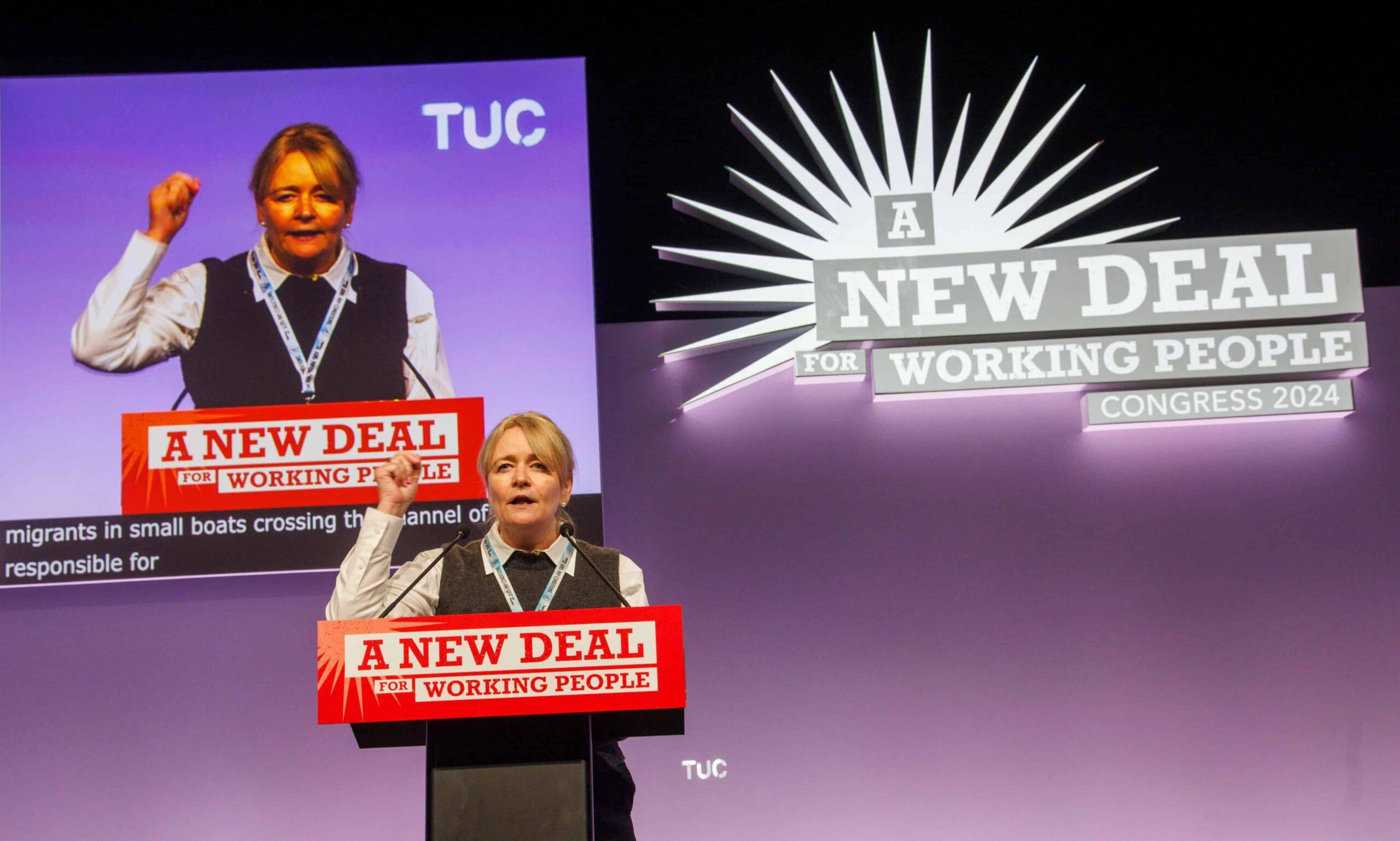 Unite union general secretary Sharon Graham speaks at TUC conference illustrating an article about Starmer and unions