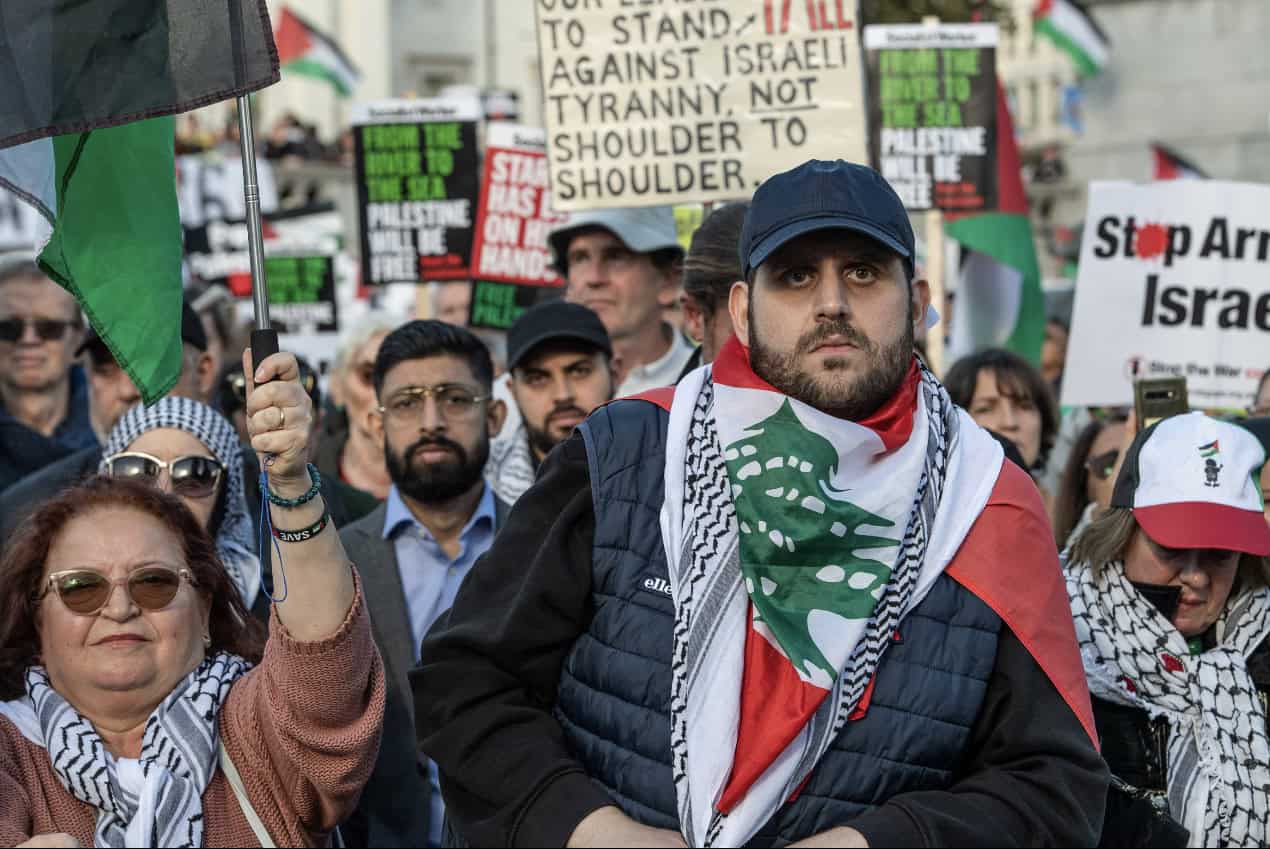 A crowd shot of the Palestine march in London