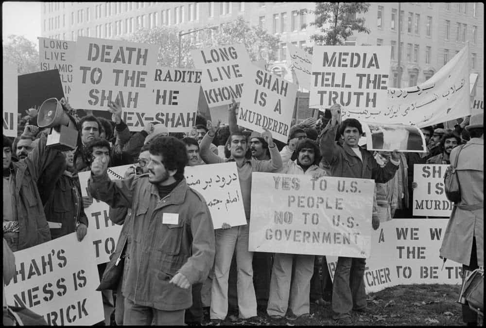 Iranian students demonstrate against the Shah and in support of Ayatollah Khomeini, Washington, DC illustrating an article about Iran 1979
