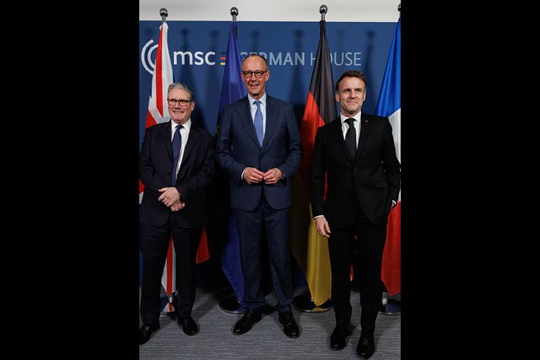 Prime minister Keir Starmer, chancellor Friedrich Merz,and president Emmanuel Macron at the Munich Security Conference