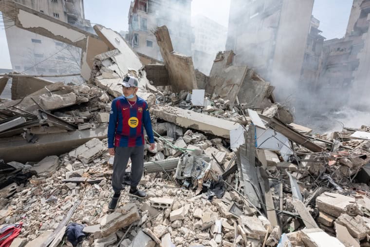 The aftermath of the Israeli strike on the Ahmad Abass housing complex in the in the Bachoura district of Beirut
