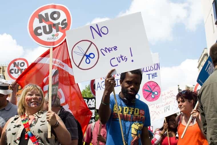 Protesters demand an end to austerity in London, 2014.