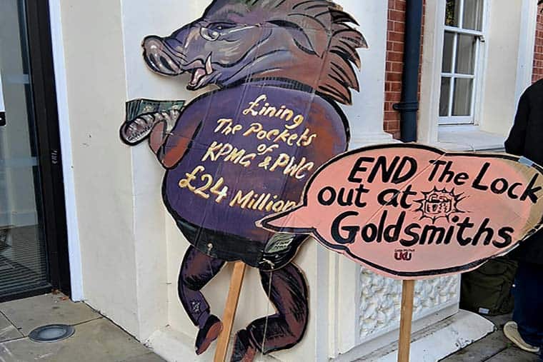 Humorous strike placard at Goldsmiths University strike in south London