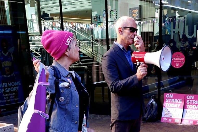 UCU union joint branch chair Geoff Goss on picket line