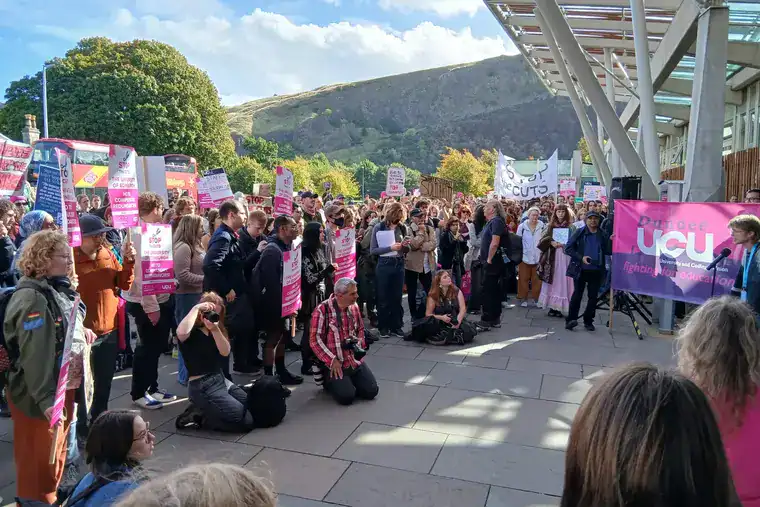 A demonstration against cuts to Scottish universities outside Holyrood (Photo: ucuedinburgh.bsky.social/bsky)